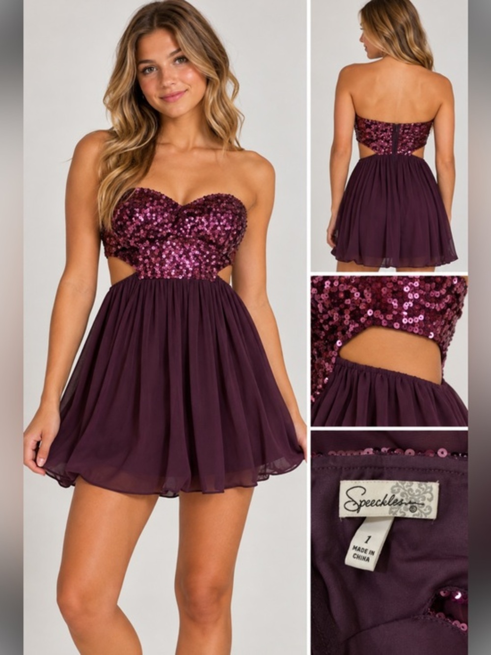 Speeckless Purple Sequin Strapless Cutout Mini Dress Size 1